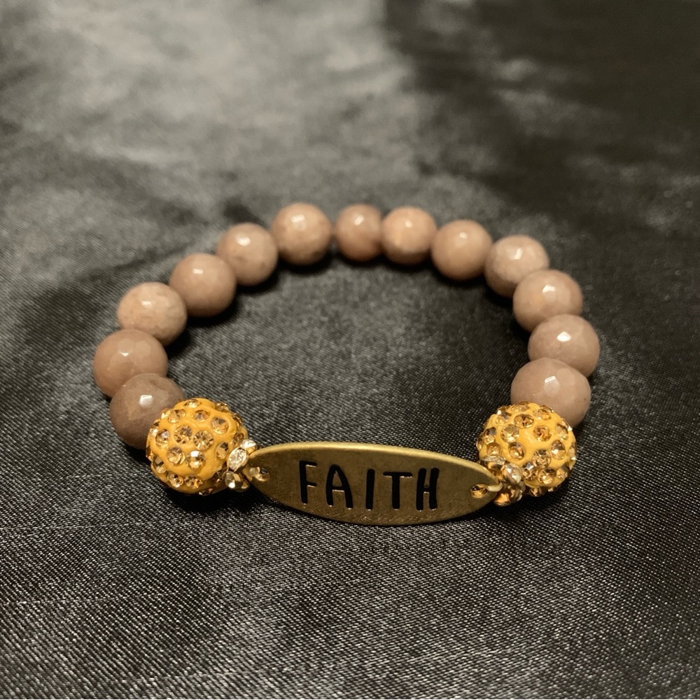 Faith Taupe Glass Beaded Stretch Bracelet Stamped Bar Focal Inspirational